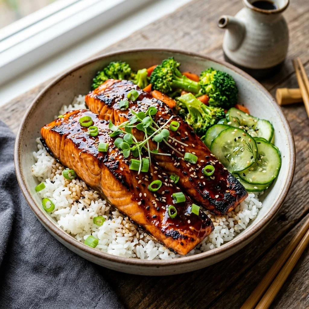 Delicious teriyaki salmon plated with vegetables for meal prep