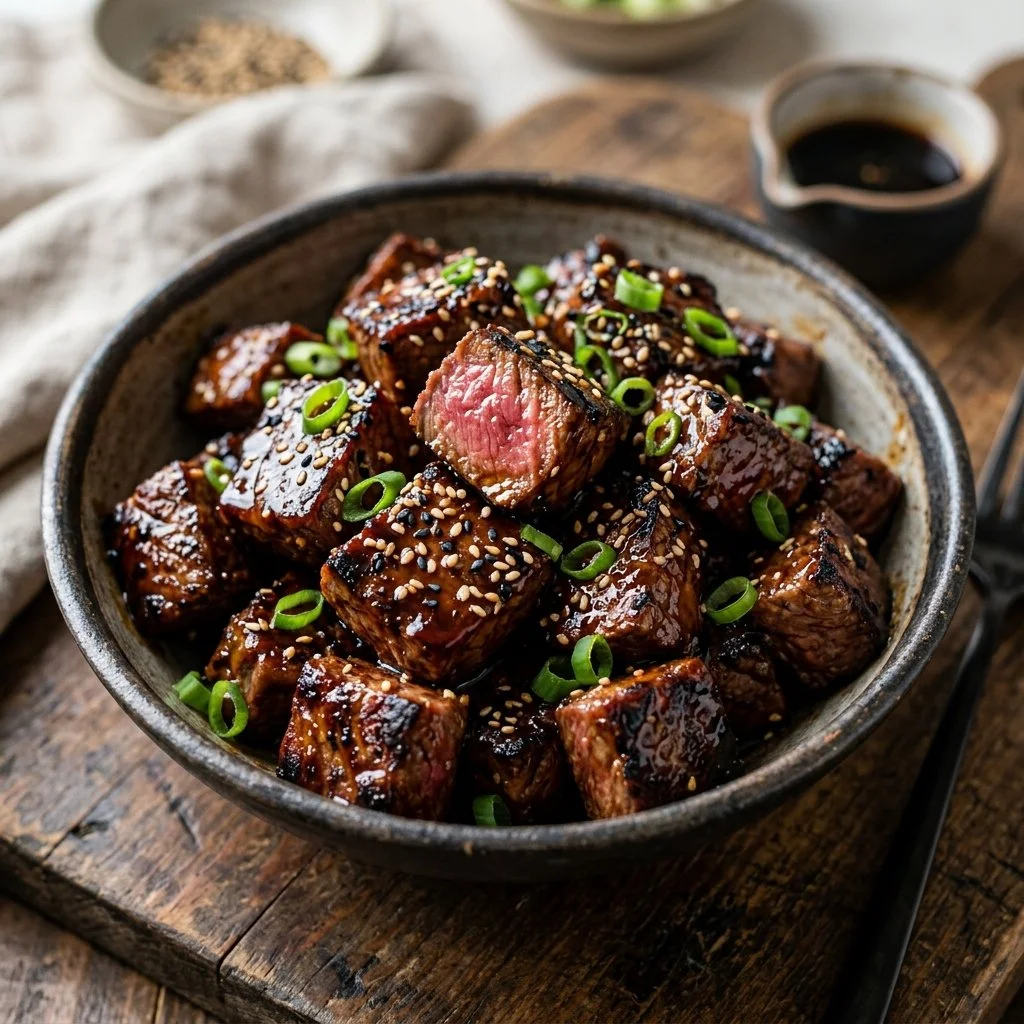Delicious teriyaki steak bites served on a plate with garnishes
