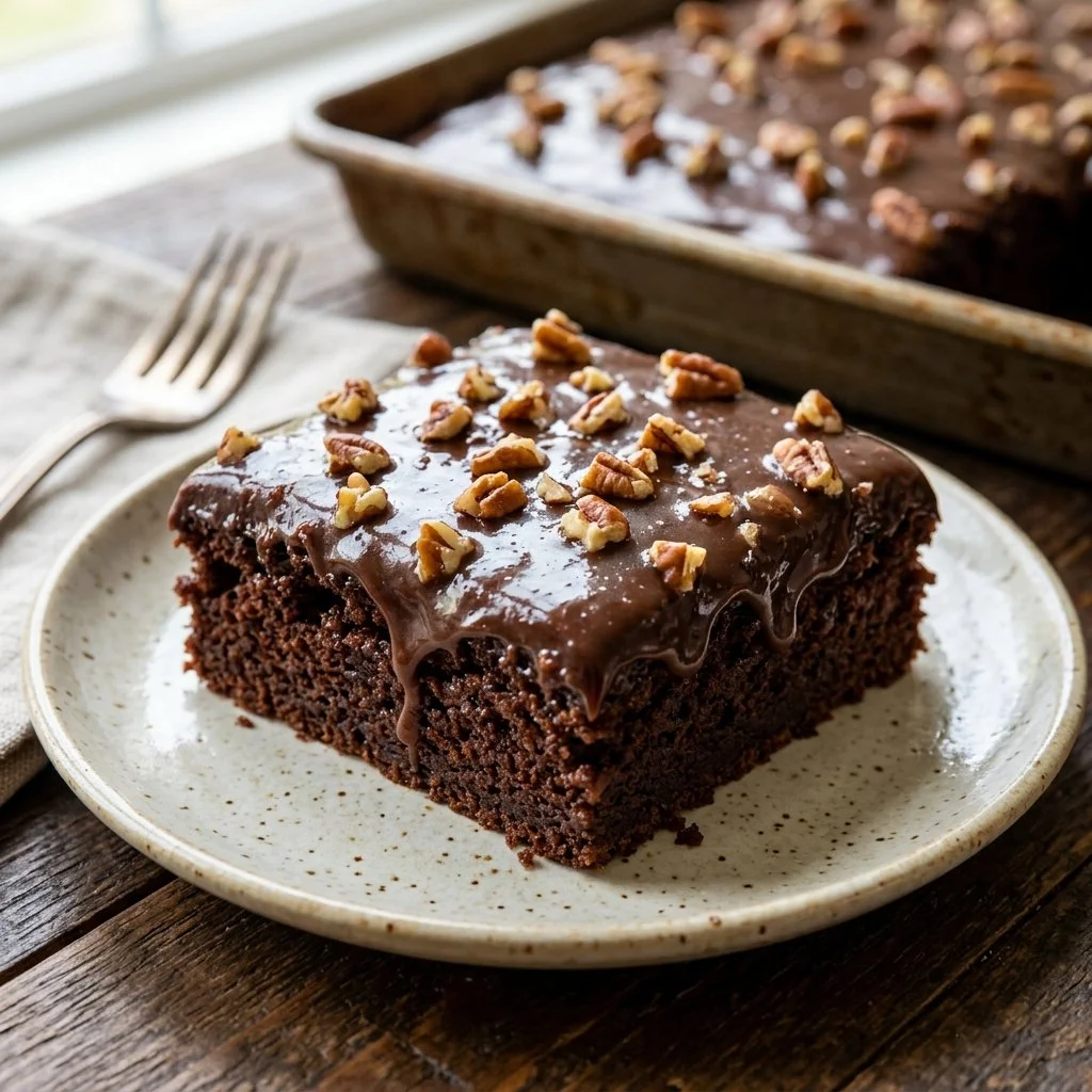 Delicious Texas Sheet Cake topped with chocolate frosting and nuts