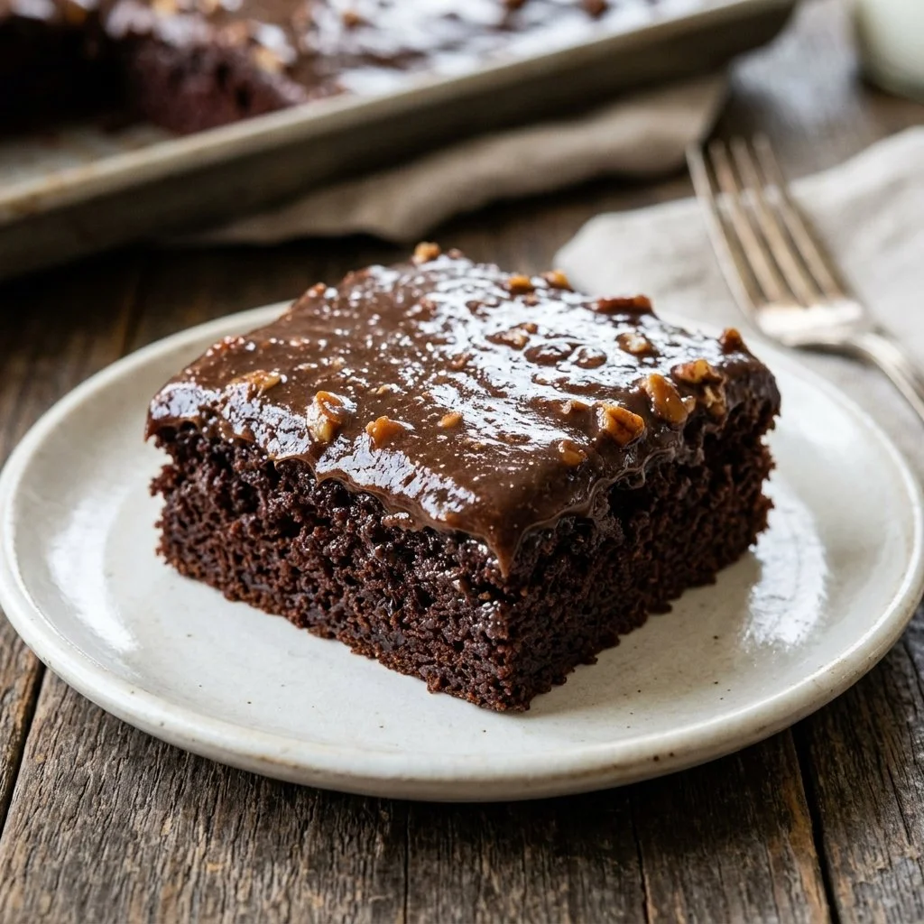 Delicious homemade Texas Sheet Cake with chocolate frosting and nuts