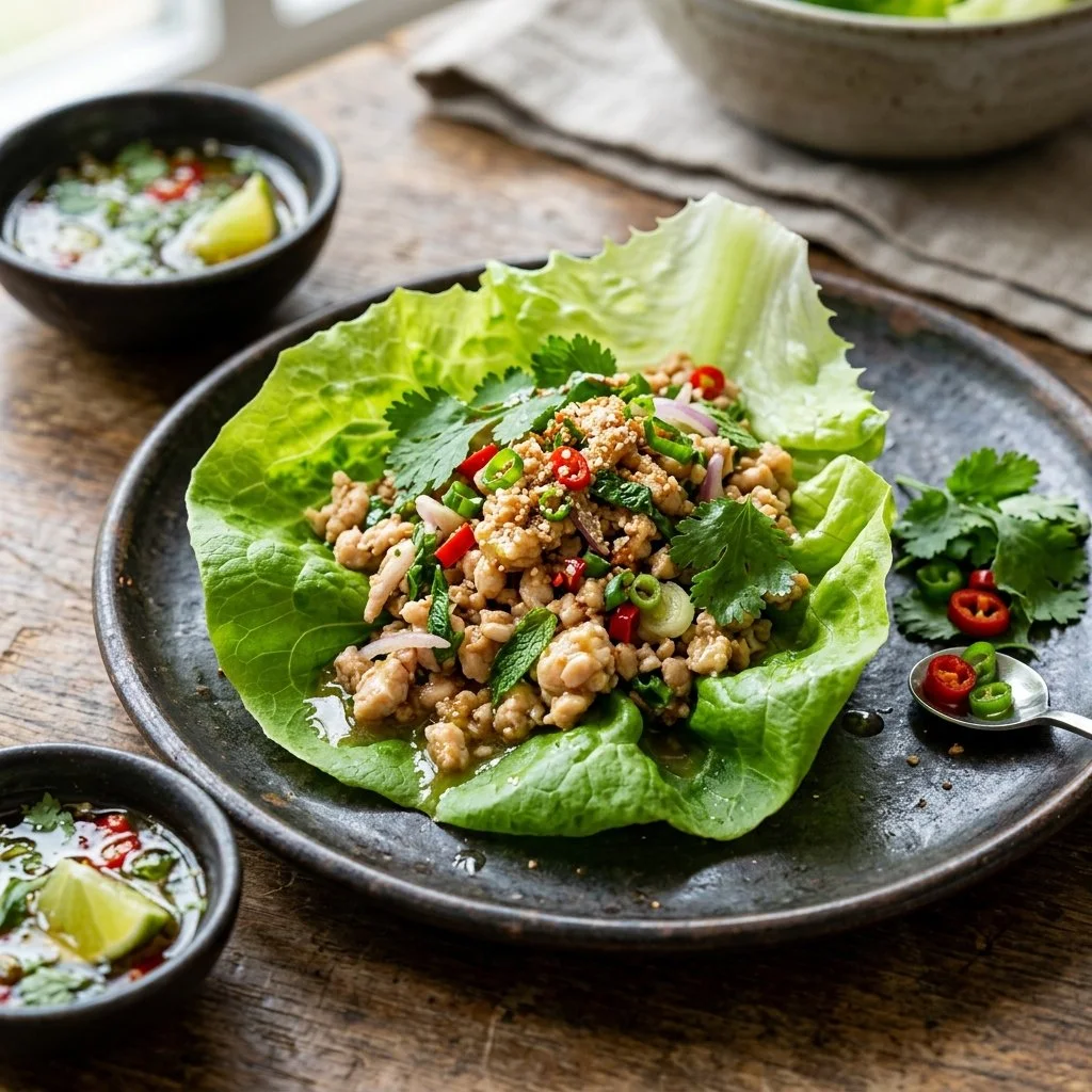 Thai chicken lettuce wraps served with fresh herbs and sauce
