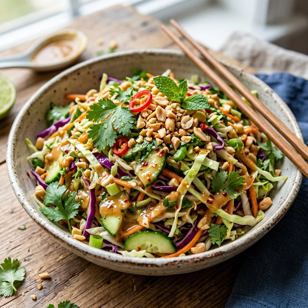 Colorful Thai Peanut Salad with fresh vegetables and a creamy peanut dressing