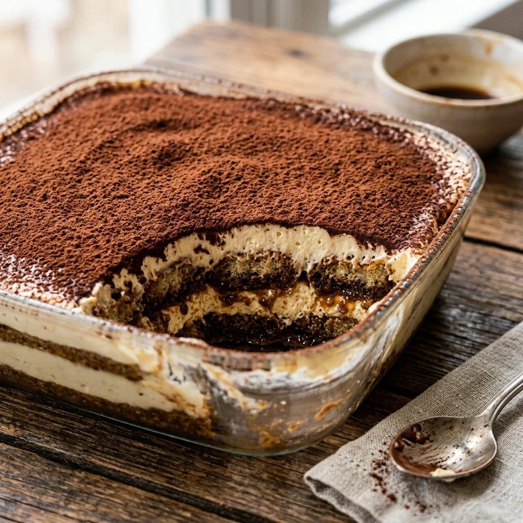 Delicious homemade tiramisu dessert with coffee and chocolate layers.