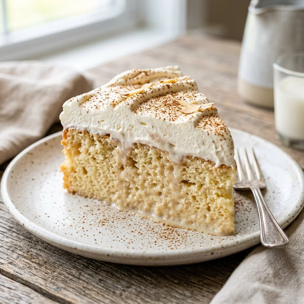 Deliciously creamy Tres Leches Cake served on a white plate
