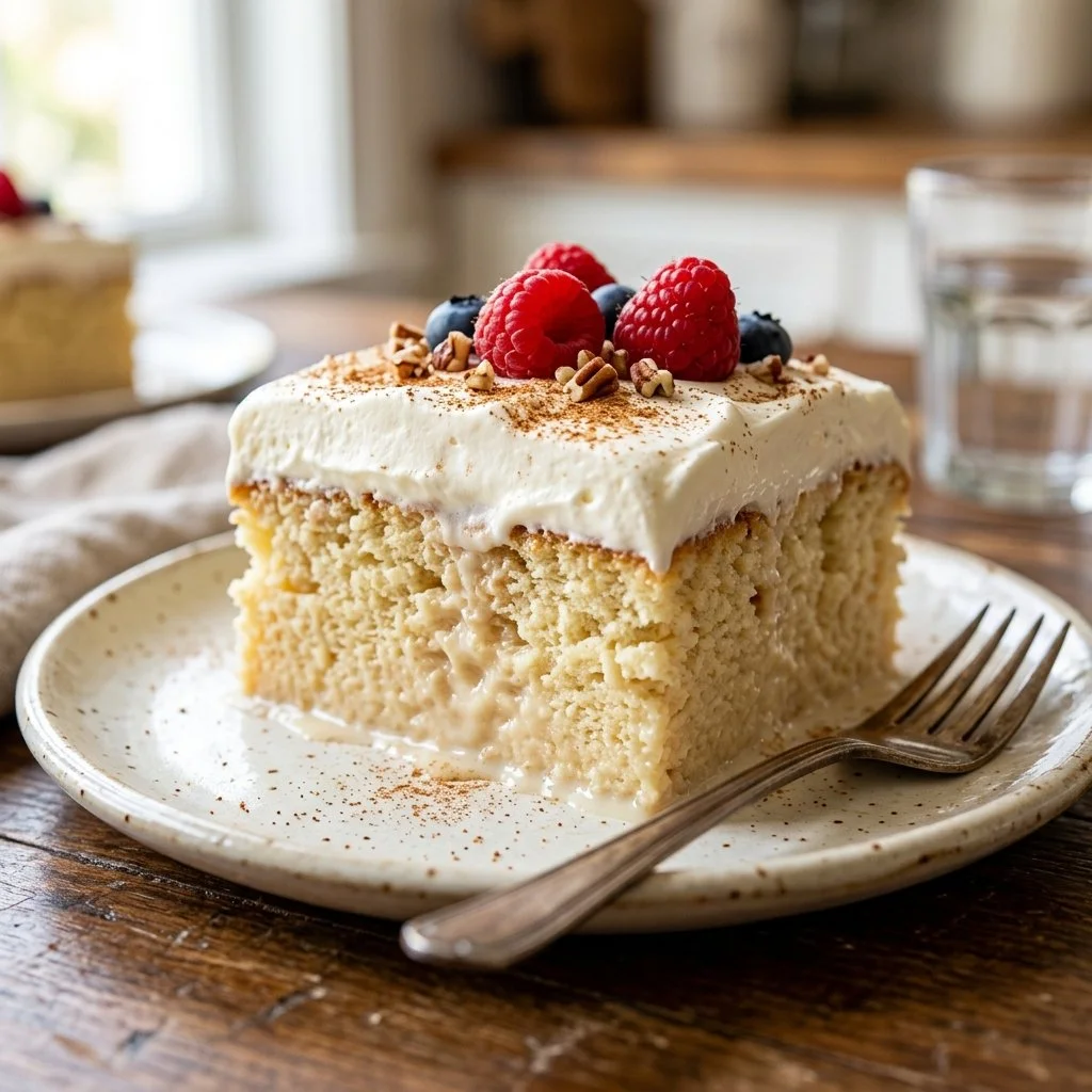 Delicious Tres Leches Cake topped with whipped cream and strawberries