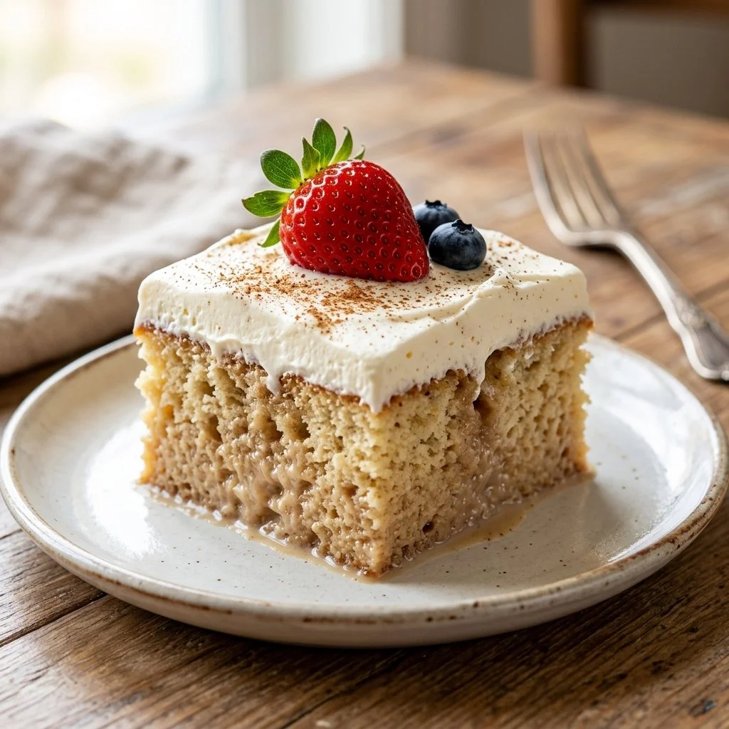 Delicious Tres Leches Cake topped with whipped cream and strawberries
