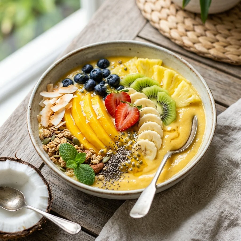 Colorful tropical smoothie bowl topped with fresh fruit and coconut flakes