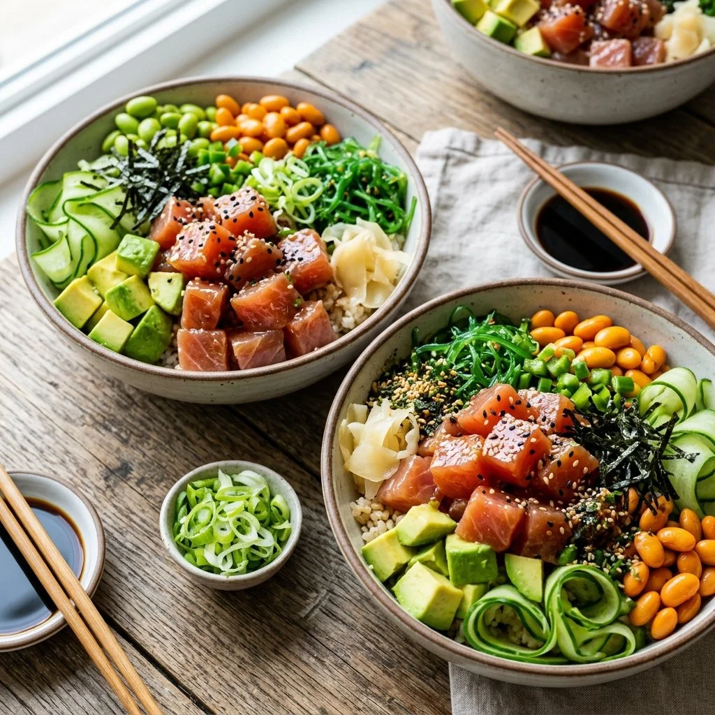 Fresh tuna poke bowl with avocado and sesame topping