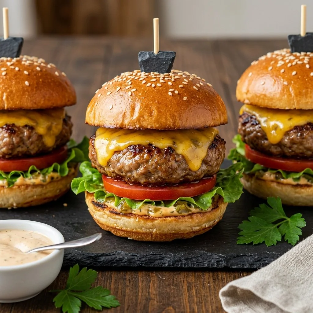Turkey Burger Sliders served on a platter with fresh toppings and sauces.
