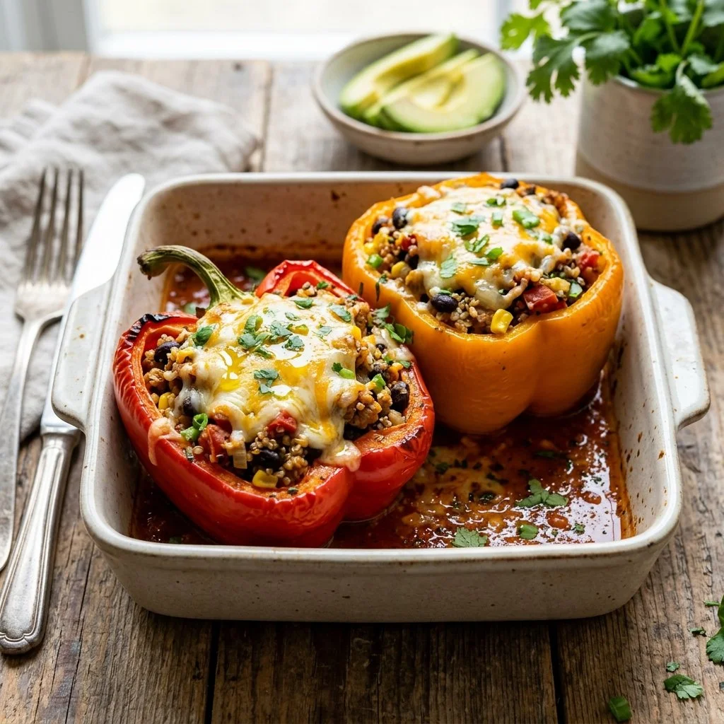 Delicious turkey stuffed peppers on a plate, ready to be served.