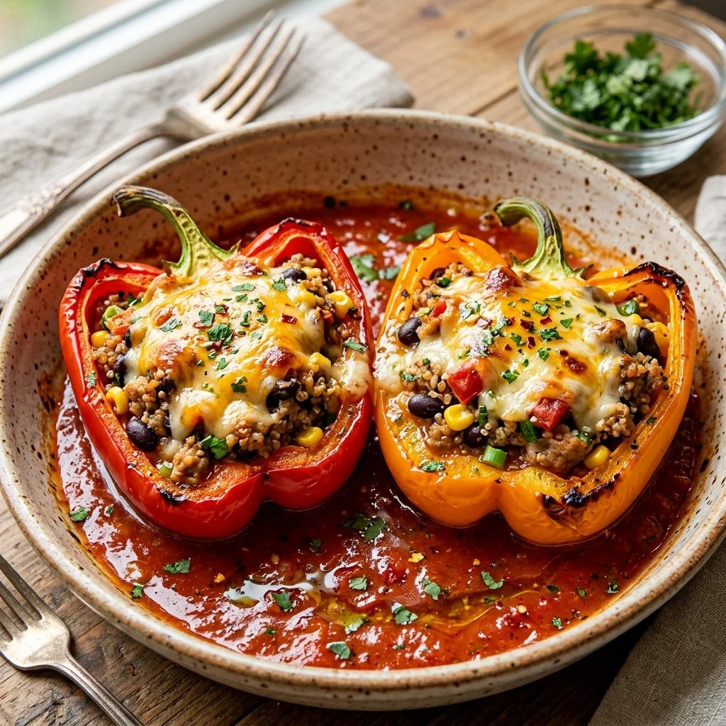 Delicious turkey stuffed peppers fresh out of the oven