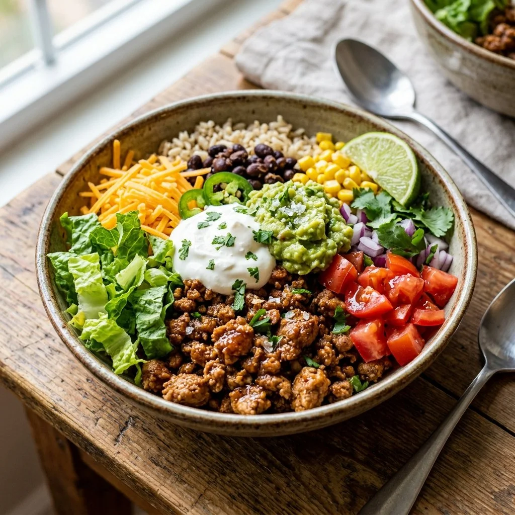 Delicious Turkey Taco Bowls filled with fresh vegetables and toppings