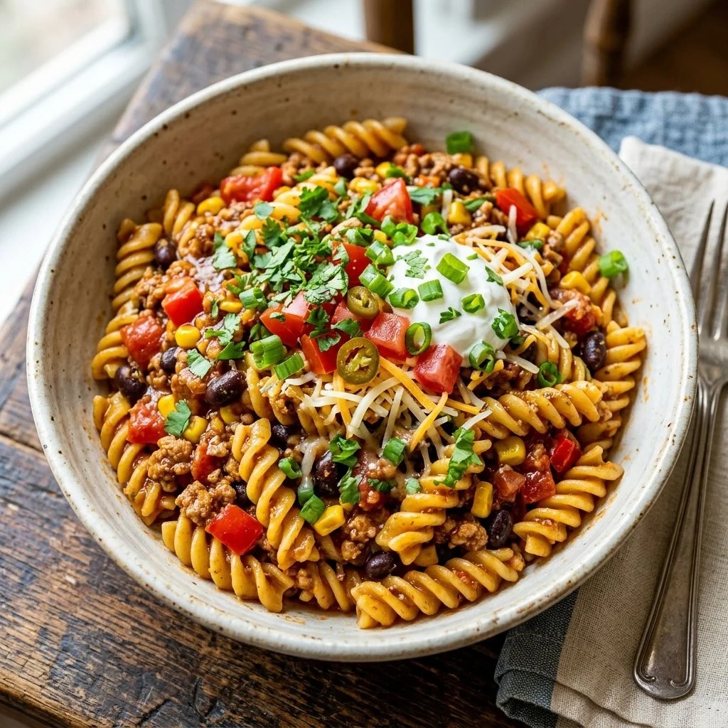 Plate of Turkey Taco Pasta garnished with fresh herbs and cheese