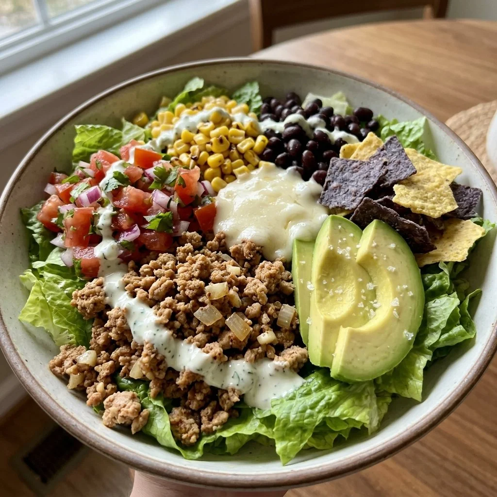 Delicious Turkey Taco Salad with fresh vegetables and lean turkey
