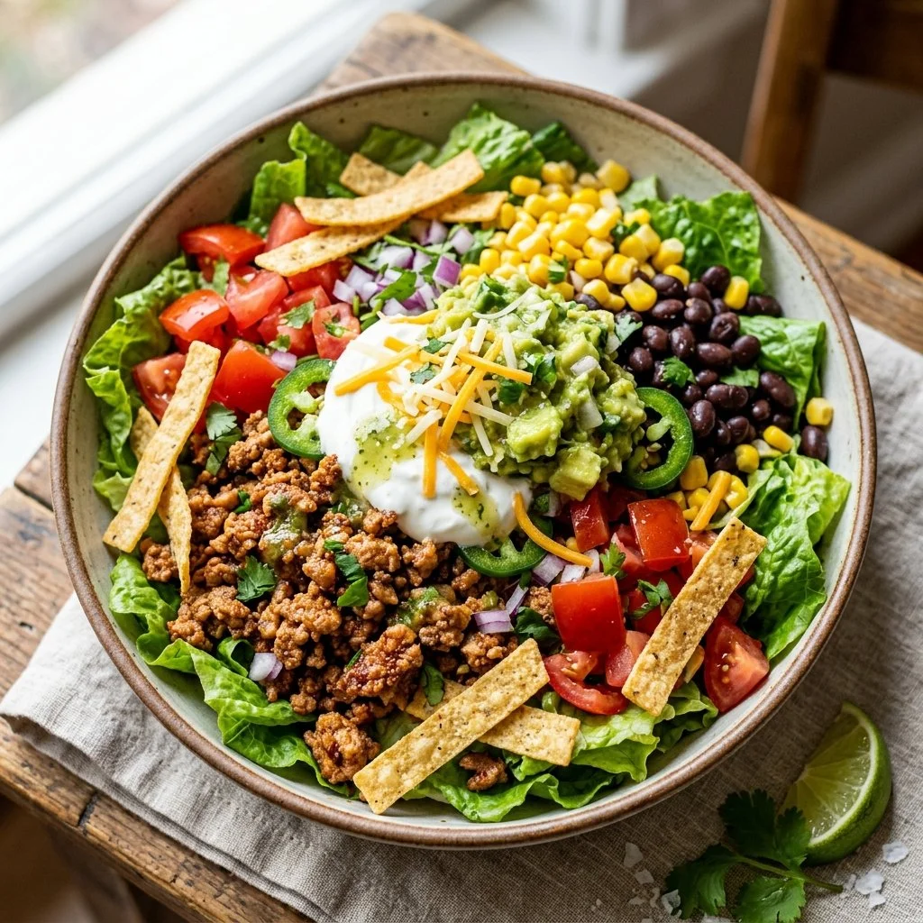 Colorful Turkey Taco Salad with fresh toppings and lean turkey meat