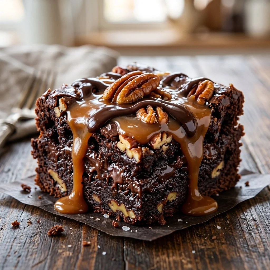 Delicious Turtle Brownies topped with caramel and nuts