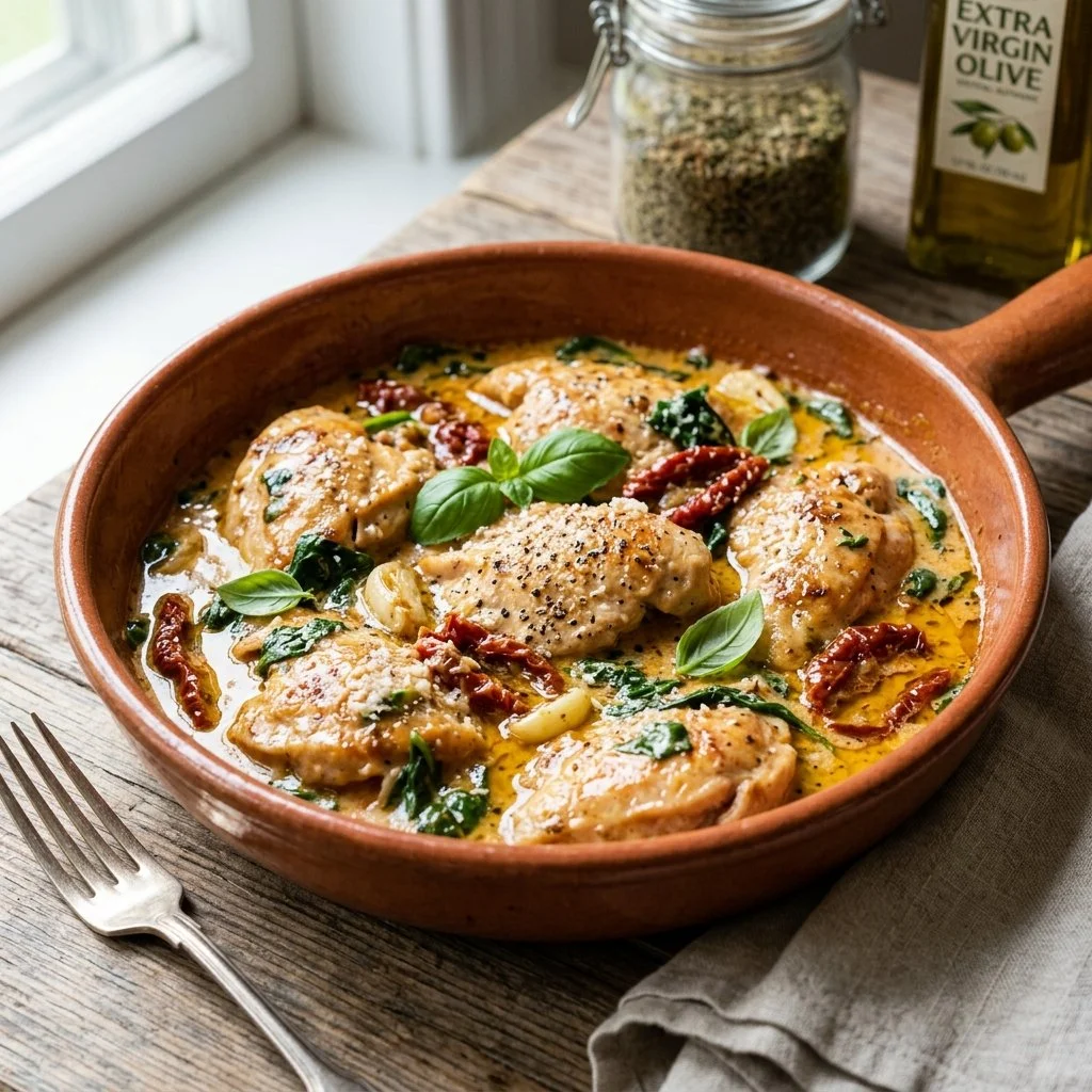 Delicious Tuscan Butter Chicken served with herbs and cream