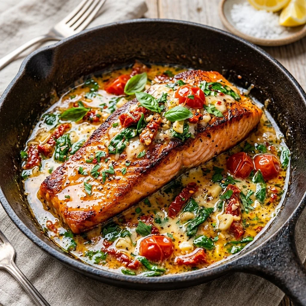 Delicious Tuscan Butter Salmon with herbs and creamy sauce
