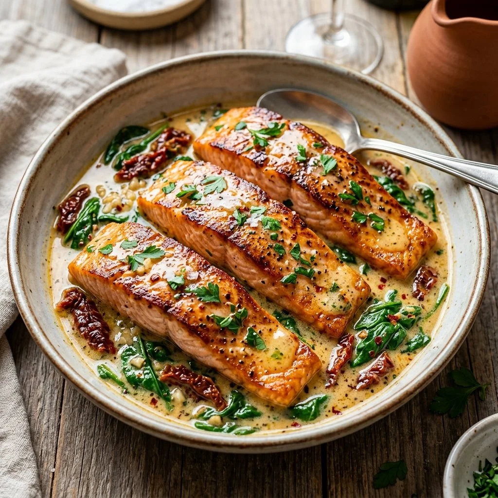 Delicious Tuscan Butter Salmon garnished with herbs and served on a plate.