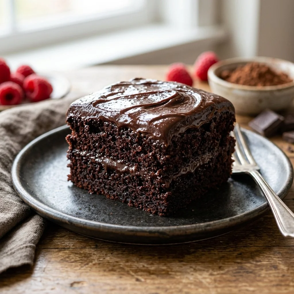 Delicious vegan chocolate cake topped with frosting and fresh berries