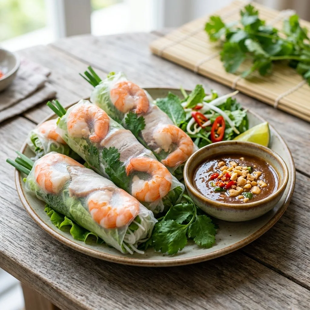 Homemade Vietnamese spring rolls filled with fresh vegetables and herbs