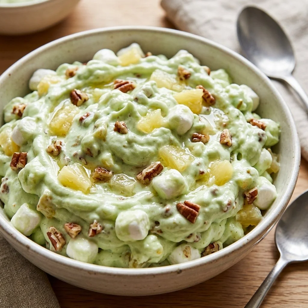 A delectable serving of Watergate Salad featuring pistachio pudding and marshmallows
