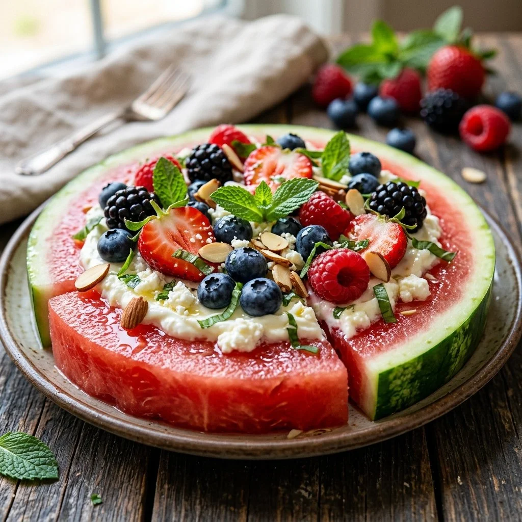 Tasty watermelon pizza topped with fruits and mint, a colorful summer treat.