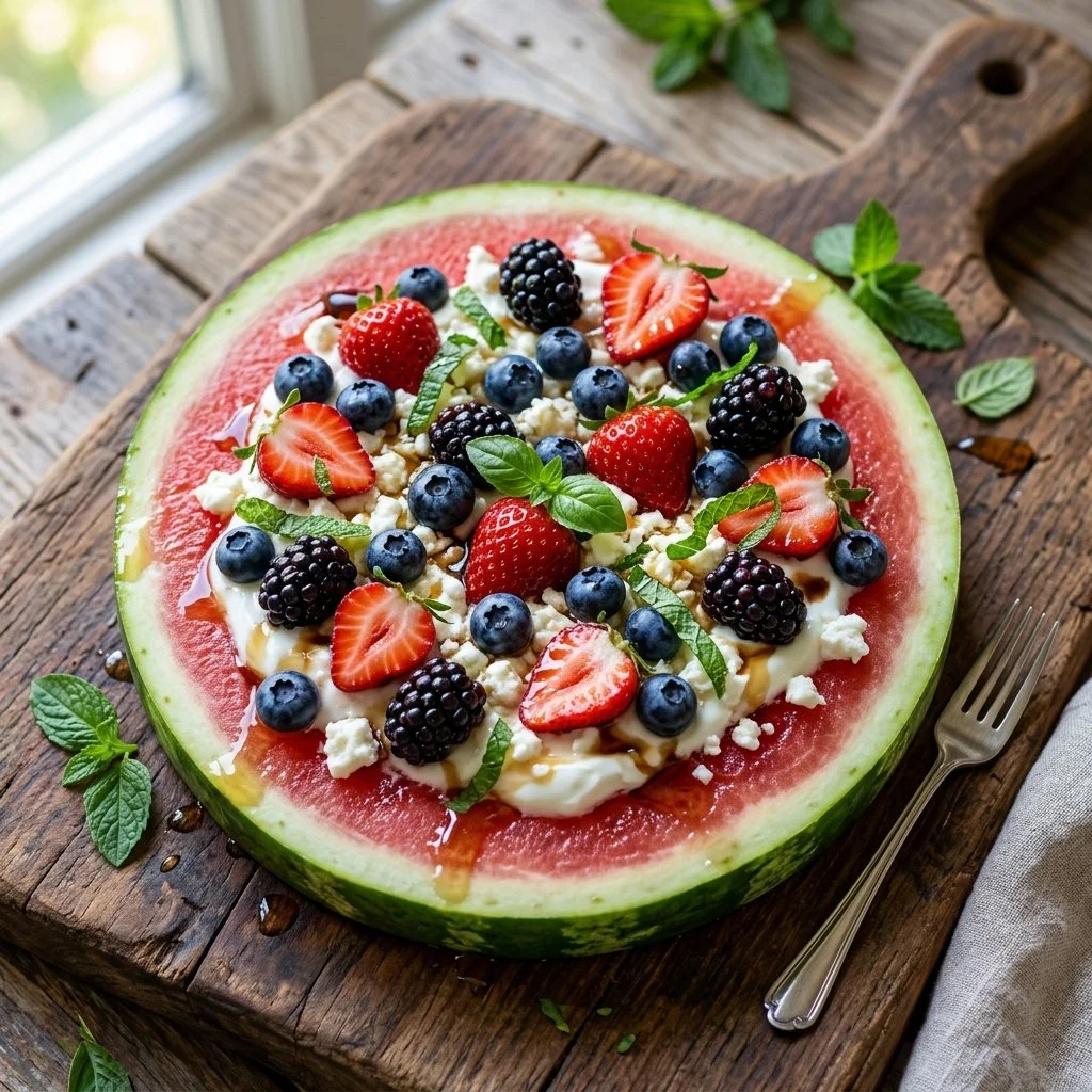 Delicious Watermelon Pizza topped with fruits and yogurt for a refreshing treat