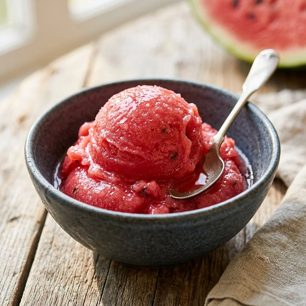 Homemade watermelon sorbet served in a bowl, perfect summer dessert.