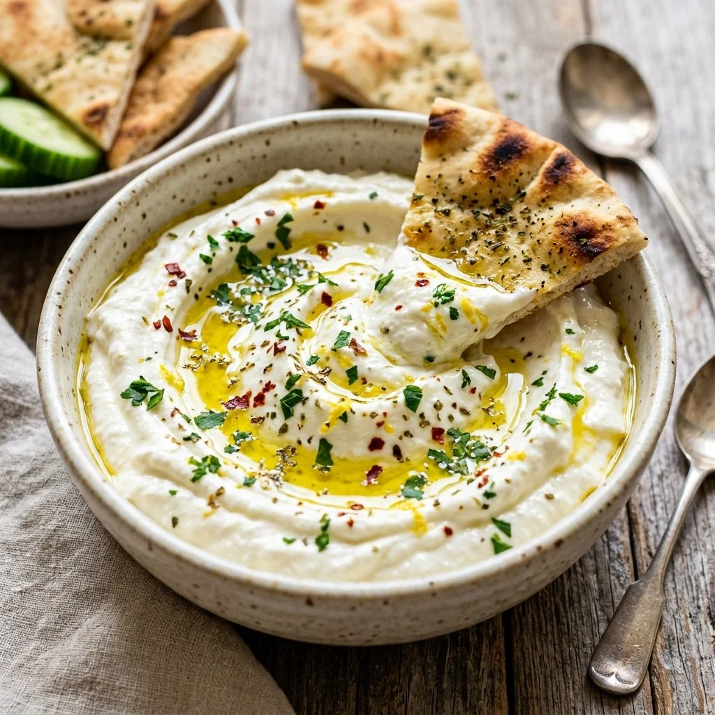 Delicious whipped feta dip served in a bowl with fresh vegetables