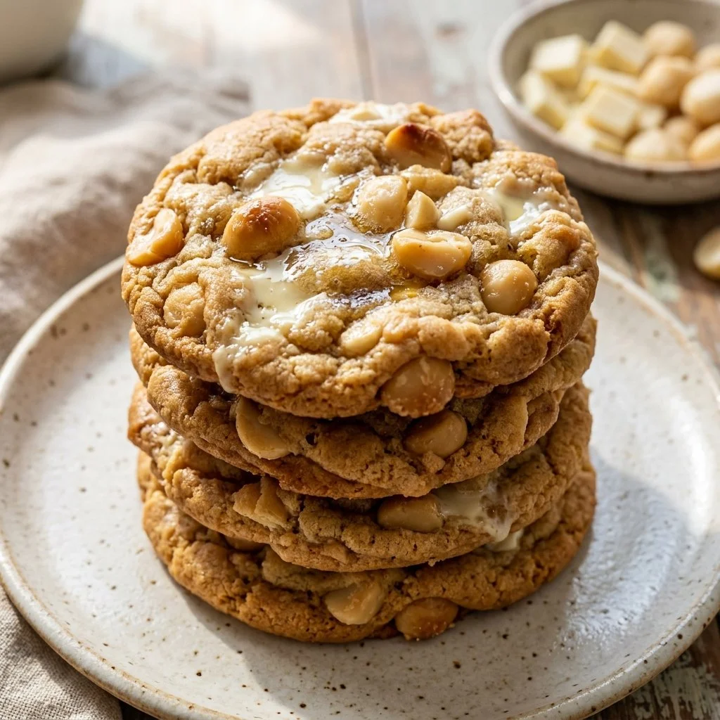 Delicious white chocolate macadamia nut cookies on a plate.