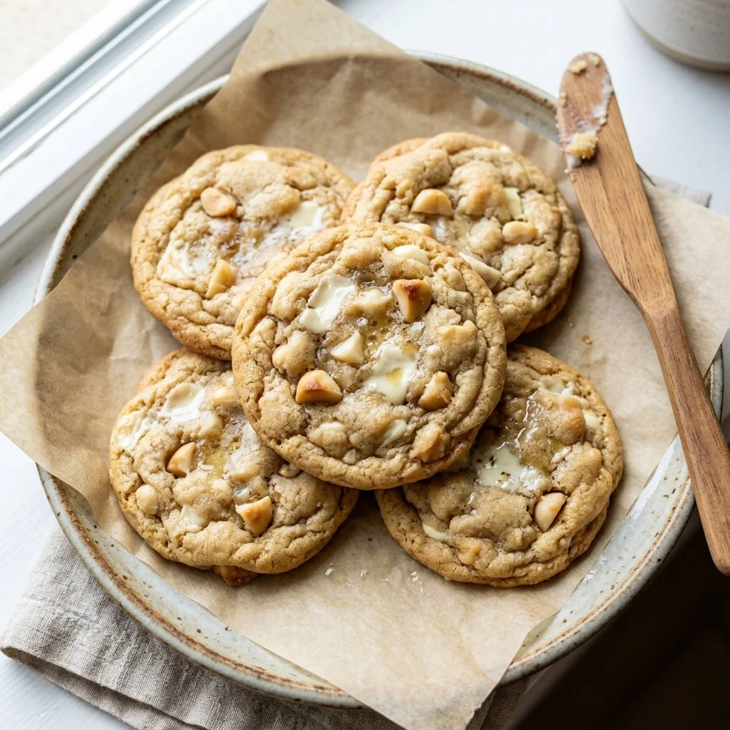 Freshly baked White Chocolate Macadamia Nut Cookies on a plate