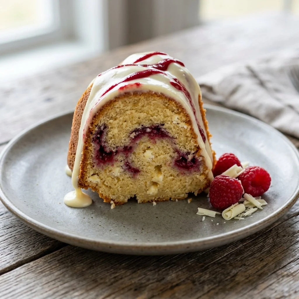 Delicious White Chocolate Raspberry Bundt Cake with drizzled white chocolate