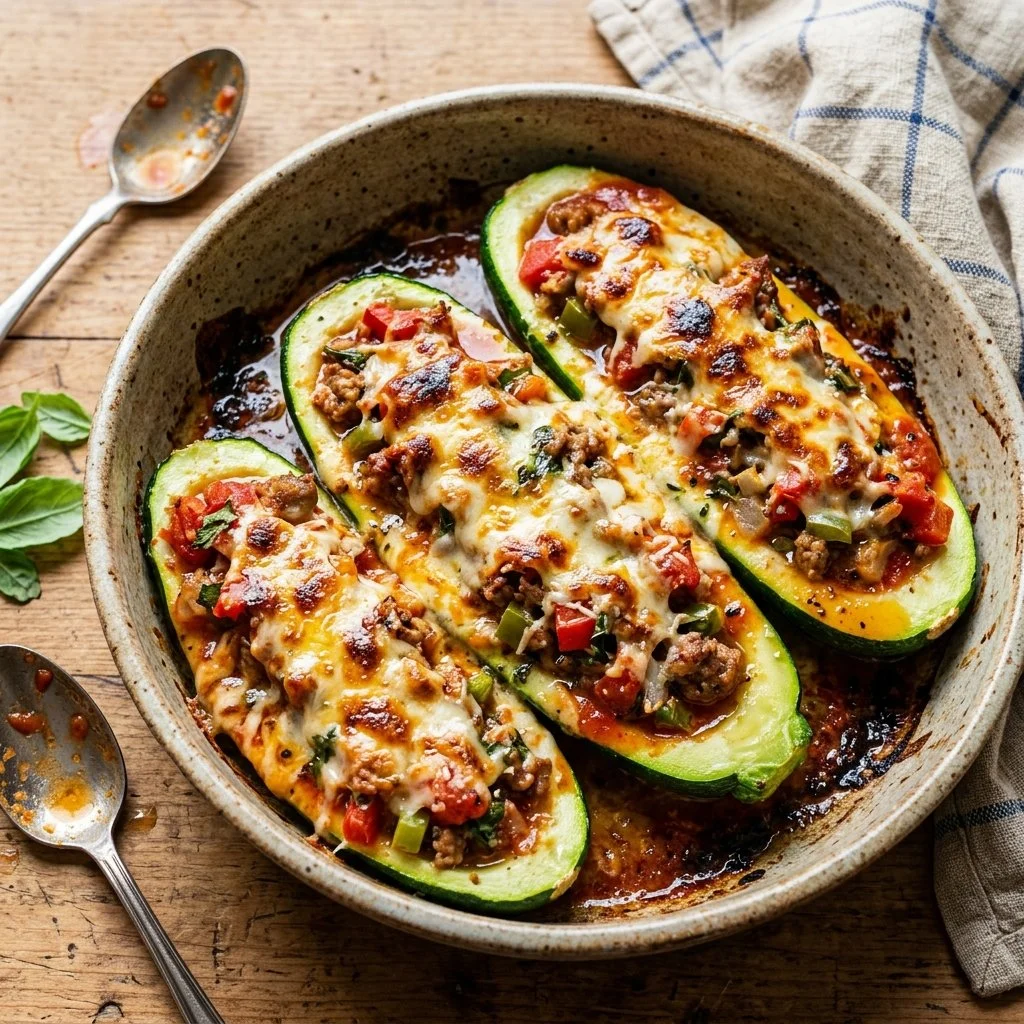 Stuffed zucchini boats ready to be served with colorful vegetables and cheese