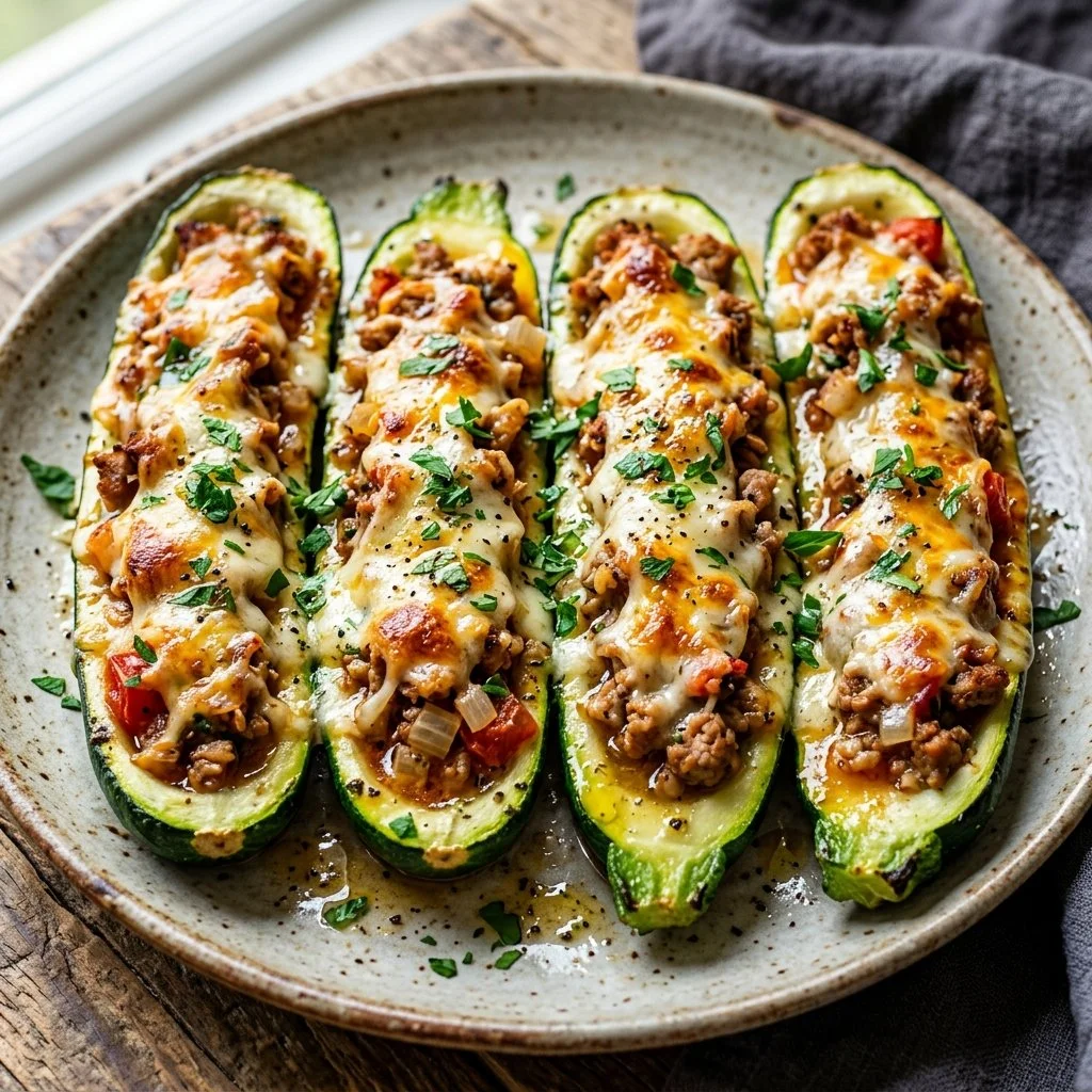 Zucchini boats stuffed with turkey and topped with cheese, a healthy meal option.