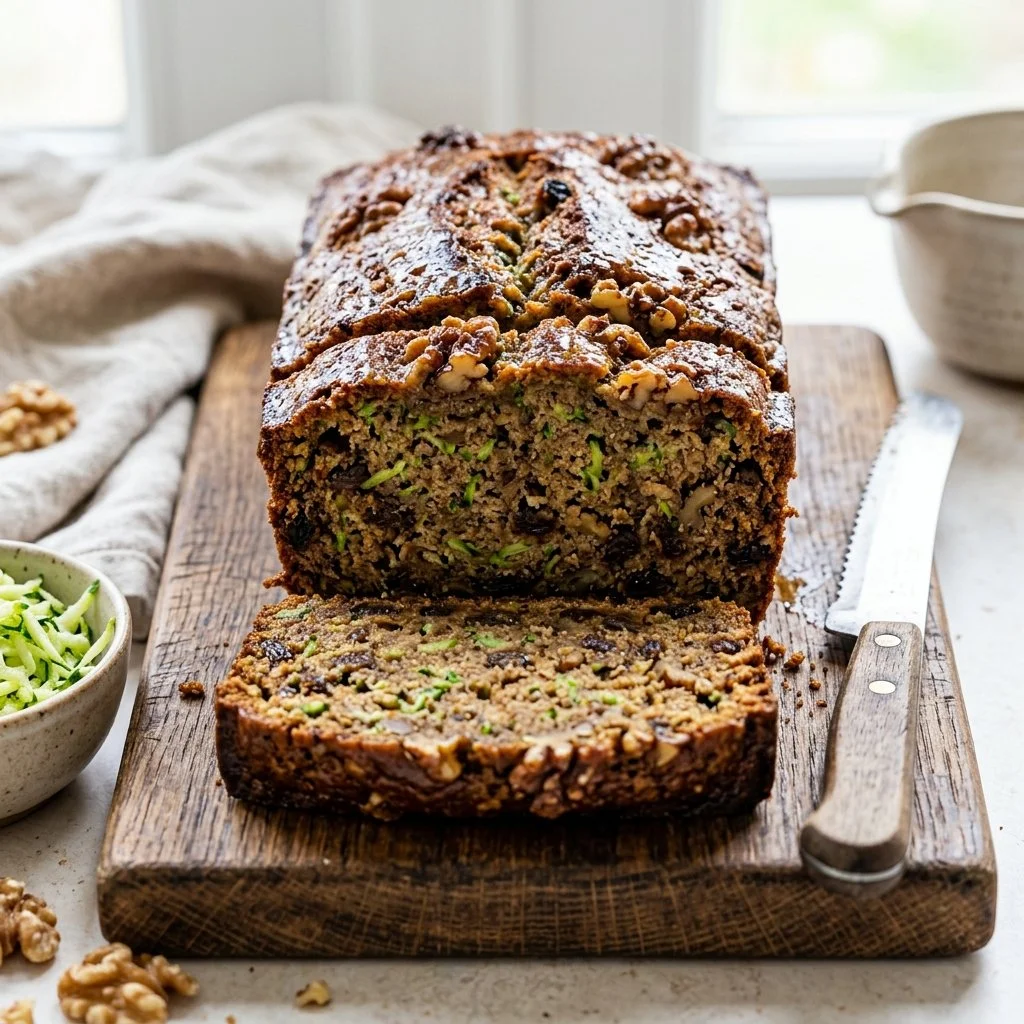 Homemade zucchini bread loaf with slices on a wooden table.