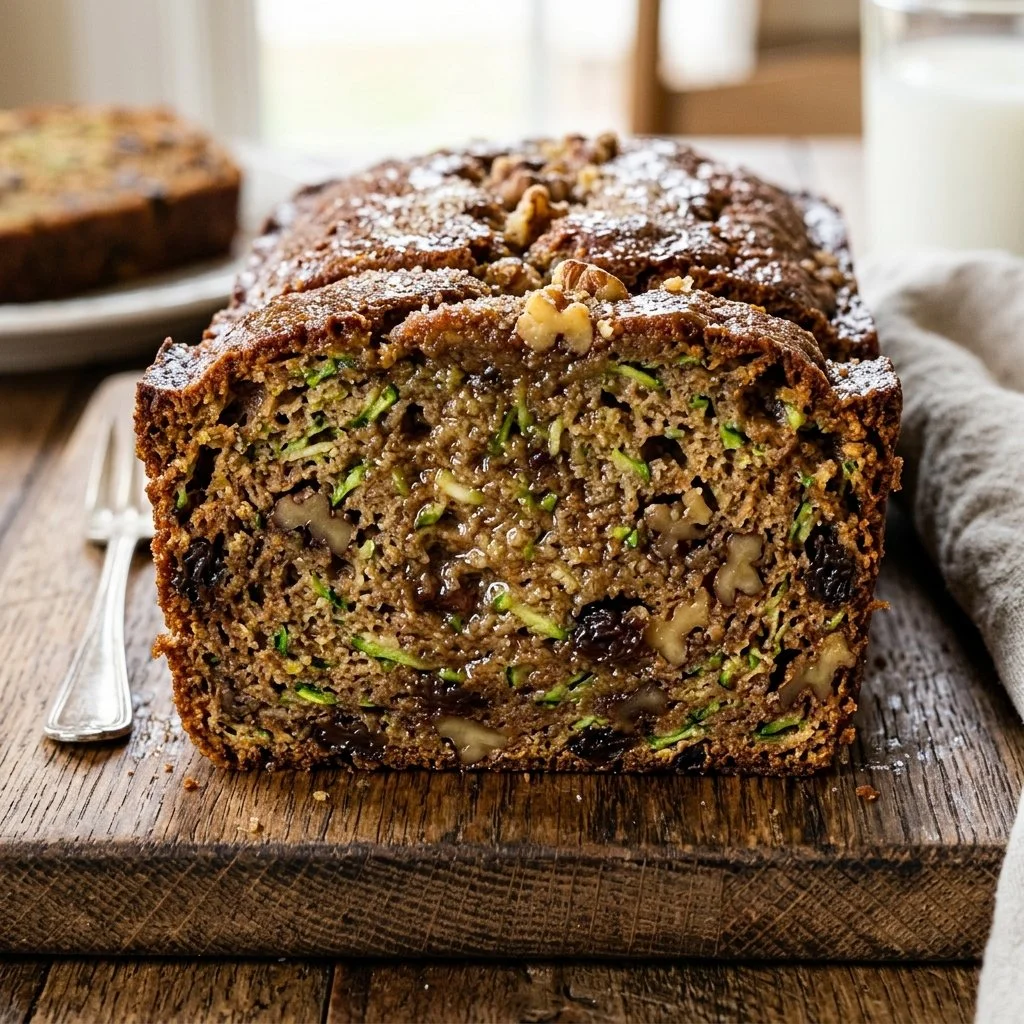 Freshly baked zucchini bread with slices on a wooden board.