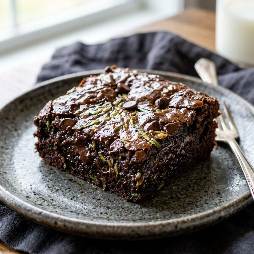 Deliciously moist zucchini brownies topped with chocolate icing on a wooden table.
