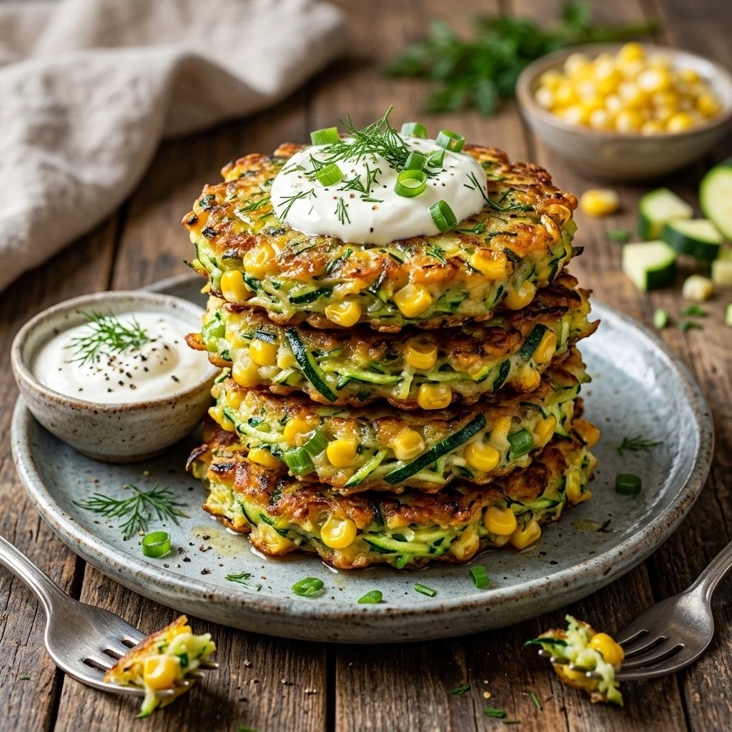 Delicious zucchini corn fritters served with dipping sauce on a plate