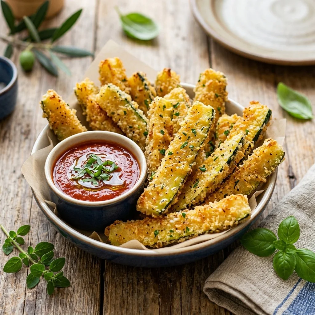 Deliciously crispy zucchini fries served as a healthy snack