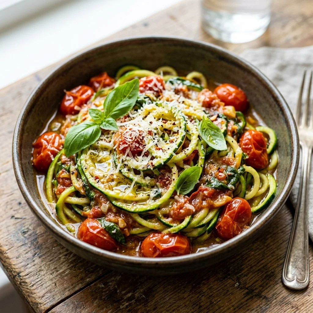Bowl of zucchini noodle pasta topped with fresh vegetables and herbs