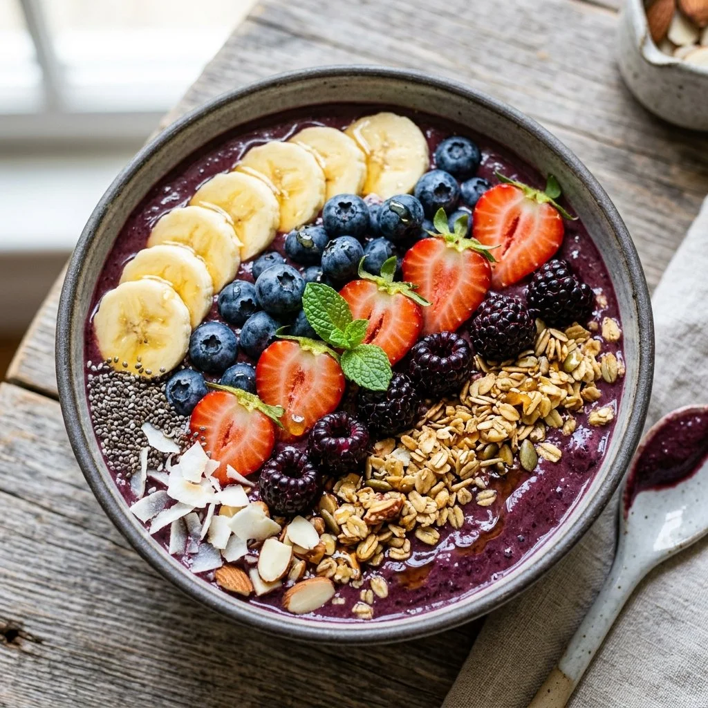 Delicious acai bowl topped with fresh fruits and granola