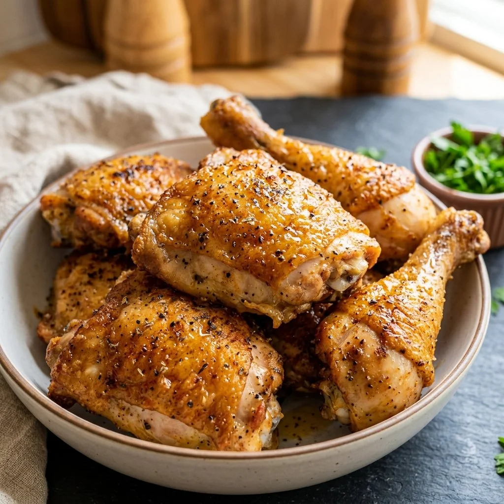 Perfectly cooked air fryer chicken garnished with herbs