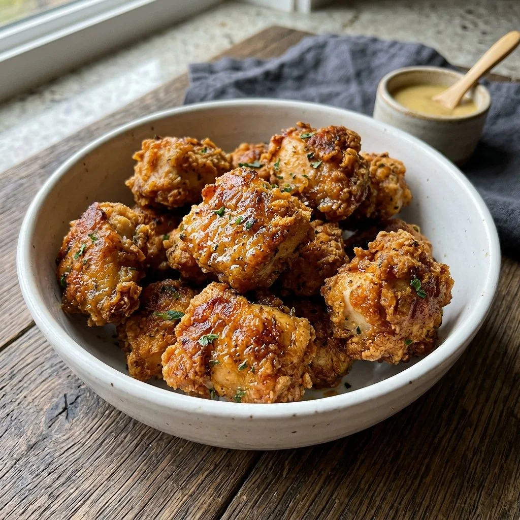 Crispy air fryer chicken bites served on a plate with dipping sauce