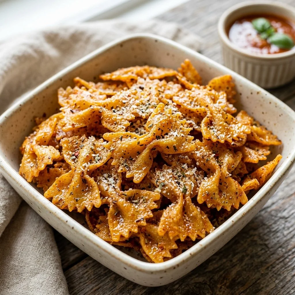 Crispy air fryer pasta chips served as a delicious snack.