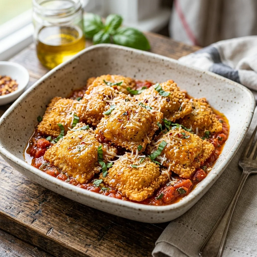 Crispy Air Fryer Ravioli served with marinara sauce