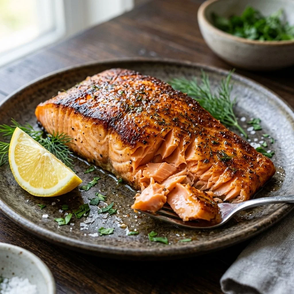 Perfectly cooked air fryer salmon garnished with herbs and lemon.