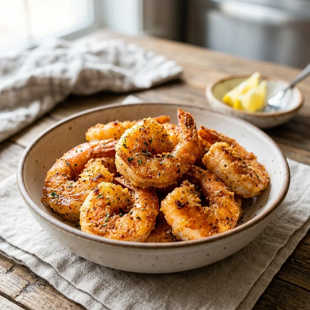 Crispy air fryer shrimp cooked to perfection, served with a dipping sauce.