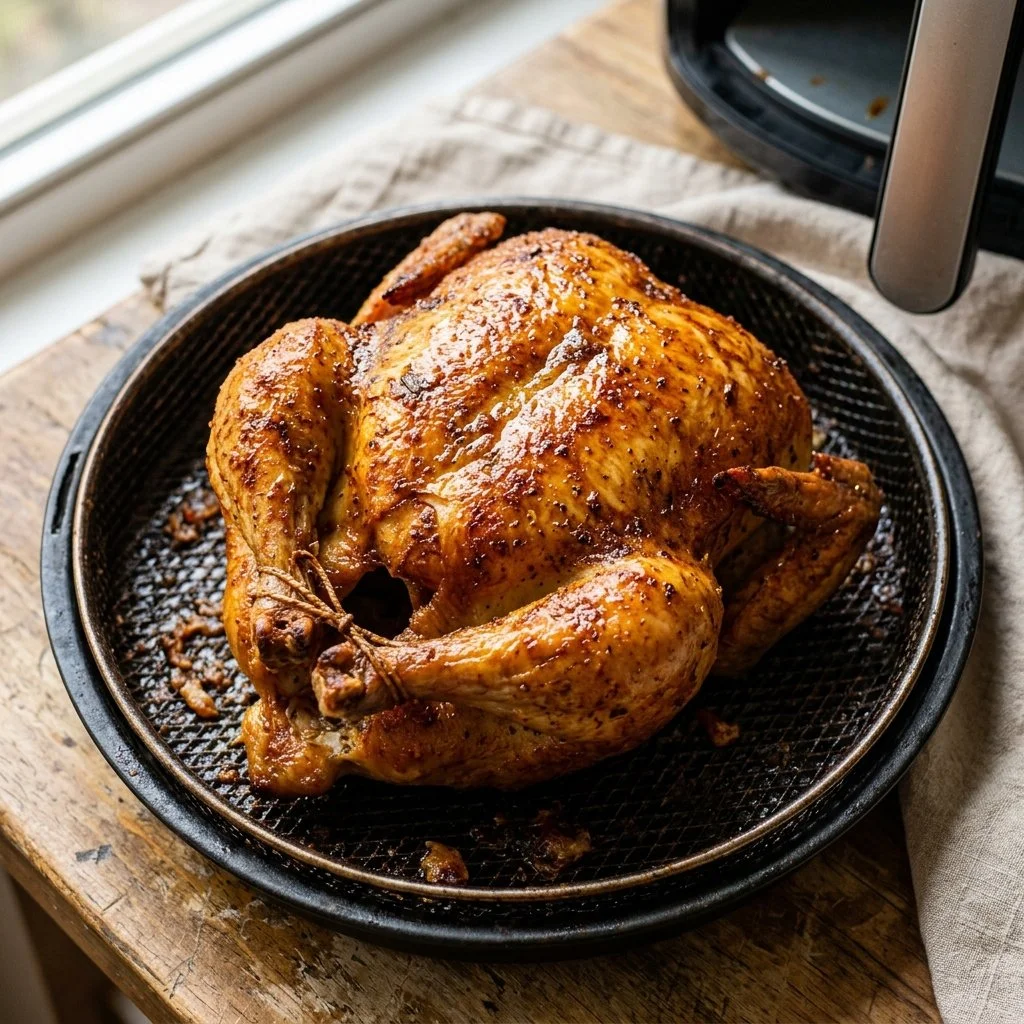 Air fryer whole chicken with crispy skin and juicy meat
