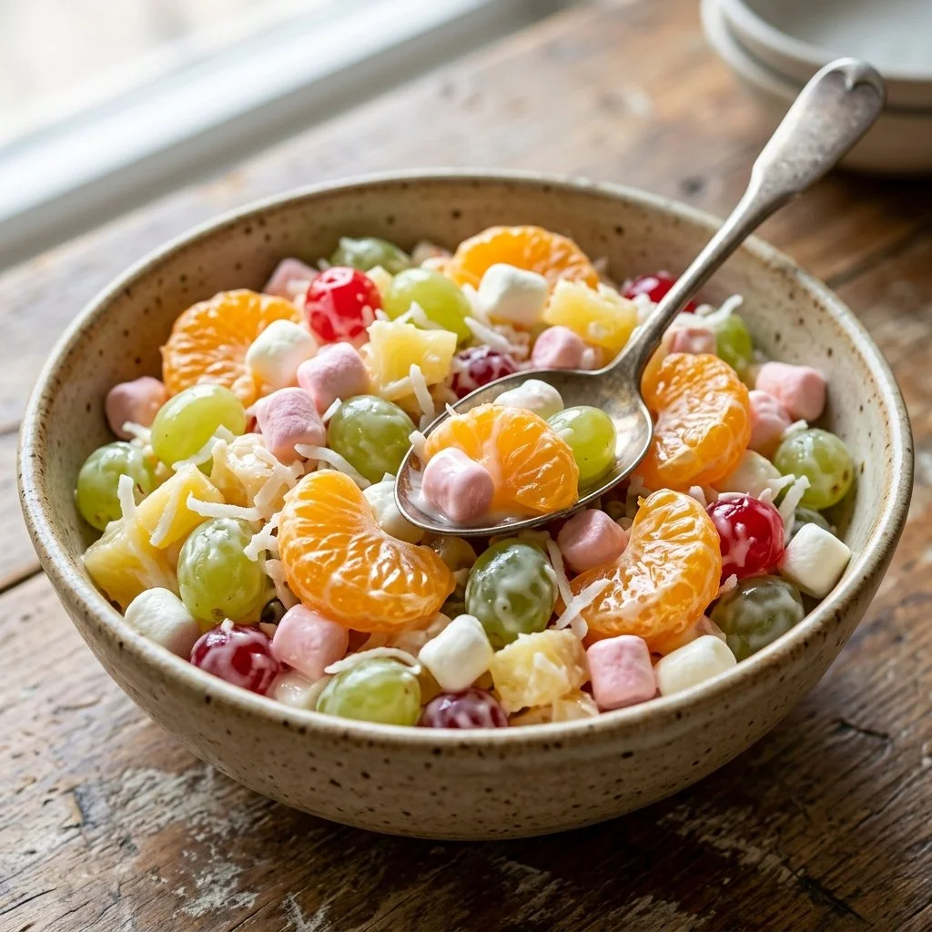 Delicious Ambrosia Salad with fruits and marshmallows in a creamy dressing